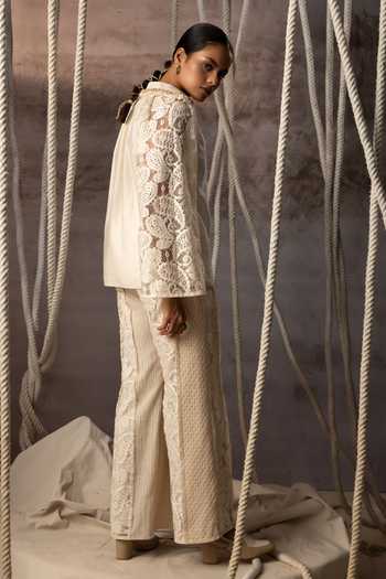 Shop_Kritika Murarka_Ivory Silk, Lace, Handloom Cotton V-neck Sleeve Embellished Top _at_Aza_Fashions