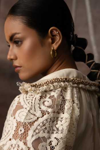 Kritika Murarka_Ivory Silk, Lace, Handloom Cotton V-neck Sleeve Embellished Top _Online_at_Aza_Fashions
