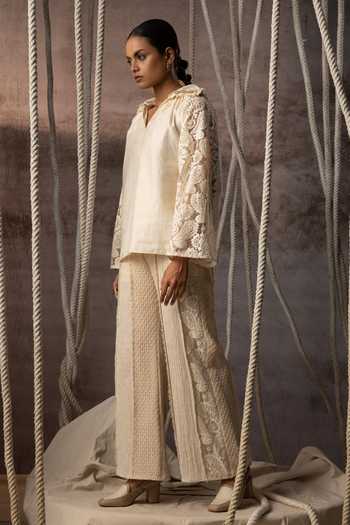Buy_Kritika Murarka_Ivory Silk, Lace, Handloom Cotton V-neck Sleeve Embellished Top _Online_at_Aza_Fashions