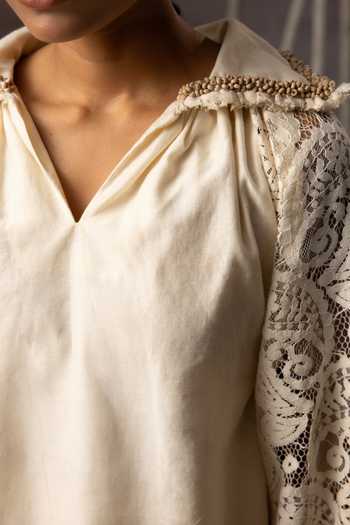 Shop_Kritika Murarka_Ivory Silk, Lace, Handloom Cotton V-neck Sleeve Embellished Top _Online_at_Aza_Fashions