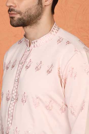 Aham-Vayam_Pink Cotton Embroidered Kurta And Pant Set _Online_at_Aza_Fashions