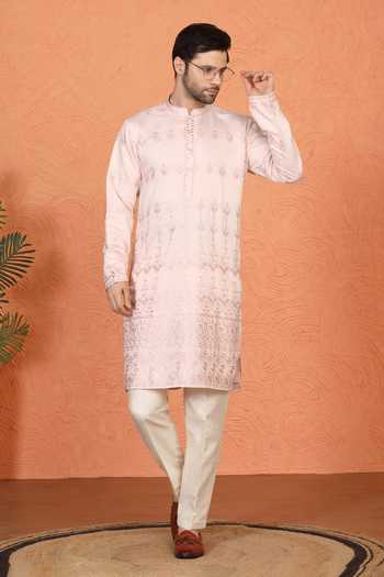 Shop_Aham-Vayam_Pink Cotton Embroidered Kurta And Pant Set _Online_at_Aza_Fashions