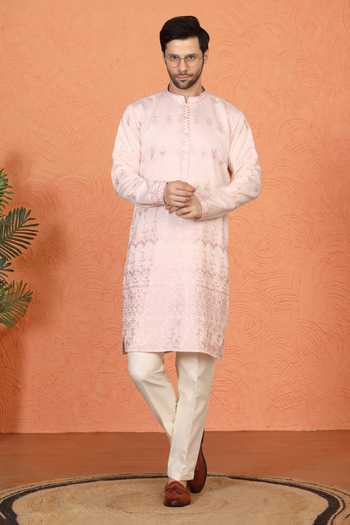 Buy_Aham-Vayam_Pink Cotton Embroidered Kurta And Pant Set _at_Aza_Fashions