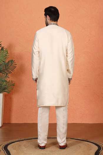 Shop_Aham-Vayam_Cream Silk, Cotton Embroidered Kurta Set _at_Aza_Fashions
