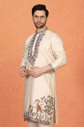 Shop_Aham-Vayam_Cream Silk, Cotton Embroidered Kurta Set _Online_at_Aza_Fashions