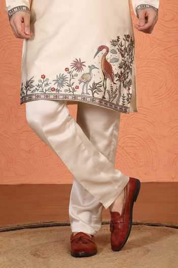 Aham-Vayam_Cream Silk, Cotton Embroidered Kurta Set _at_Aza_Fashions