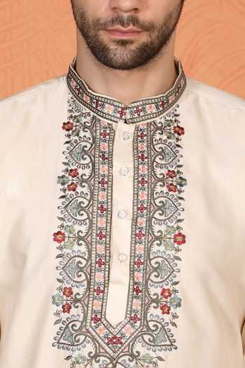 Buy_Aham-Vayam_Cream Silk, Cotton Embroidered Kurta Set 