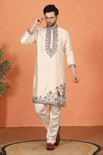 Shop_Aham-Vayam_Cream Silk, Cotton Embroidered Kurta Set 