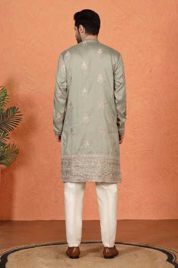 Shop_Aham-Vayam_Green Cotton Maharaj Embroidered Kurta And Pant Set _at_Aza_Fashions