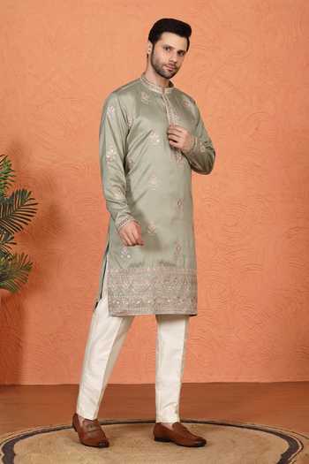 Shop_Aham-Vayam_Green Cotton Maharaj Embroidered Kurta And Pant Set _Online_at_Aza_Fashions