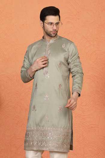 Aham-Vayam_Green Cotton Maharaj Embroidered Kurta And Pant Set _at_Aza_Fashions