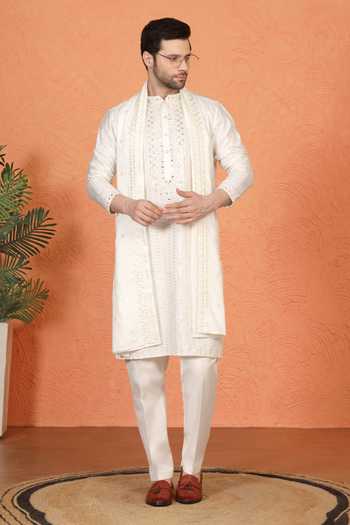 Shop_Aham-Vayam_White Silk, Cotton Embroidered Kurta Set _Online_at_Aza_Fashions