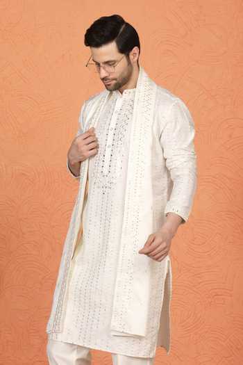 Aham-Vayam_White Silk, Cotton Embroidered Kurta Set _at_Aza_Fashions
