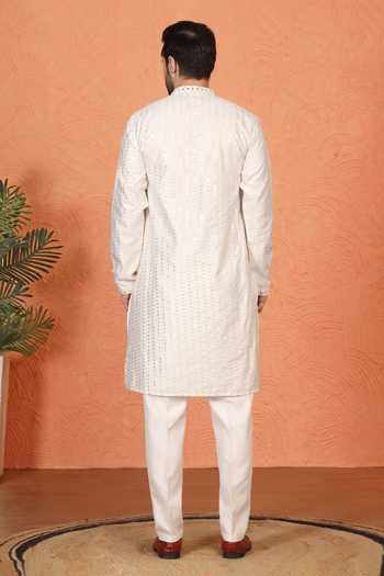 Shop_Aham-Vayam_White Silk, Cotton Embroidered Kurta Set _at_Aza_Fashions