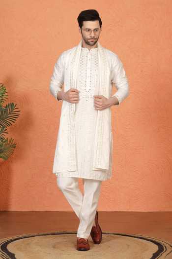 Shop_Aham-Vayam_White Silk, Cotton Embroidered Kurta Set 