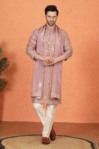 Shop_Aham-Vayam_Pink Cotton Embroidered Kurta Set _Online_at_Aza_Fashions