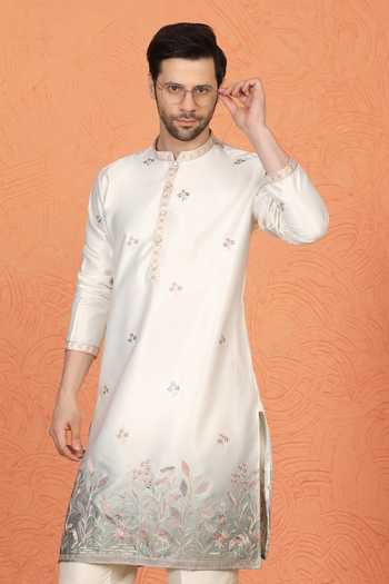 Buy_Aham-Vayam_Off White Silk, Cotton Embroidered Kurta And Pant Set _Online_at_Aza_Fashions