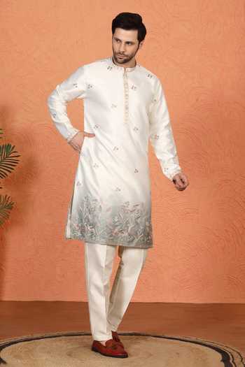 Shop_Aham-Vayam_Off White Silk, Cotton Embroidered Kurta And Pant Set _Online_at_Aza_Fashions