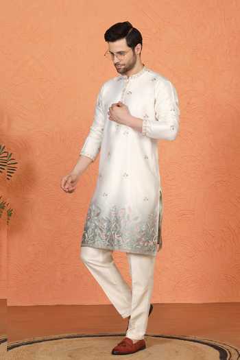 Aham-Vayam_Off White Silk, Cotton Embroidered Kurta And Pant Set _at_Aza_Fashions