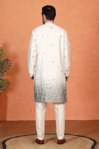 Shop_Aham-Vayam_Off White Silk, Cotton Embroidered Kurta And Pant Set _at_Aza_Fashions
