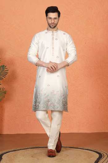 Buy_Aham-Vayam_Off White Silk, Cotton Embroidered Kurta And Pant Set 