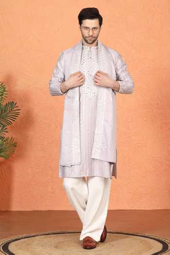 Buy_Aham-Vayam_Purple Silk, Cotton Mirror Embroidered Kurta Set _at_Aza_Fashions