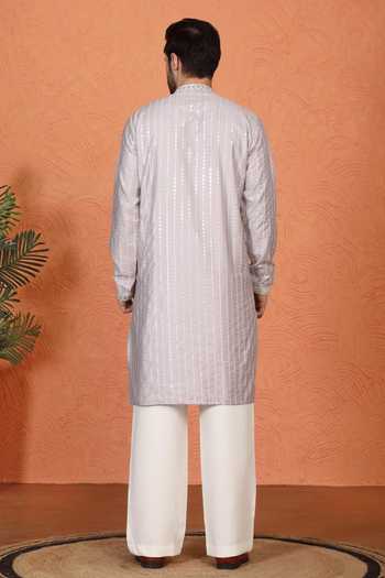 Shop_Aham-Vayam_Purple Silk, Cotton Mirror Embroidered Kurta Set _at_Aza_Fashions