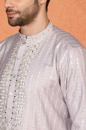 Aham-Vayam_Purple Silk, Cotton Mirror Embroidered Kurta Set _Online_at_Aza_Fashions