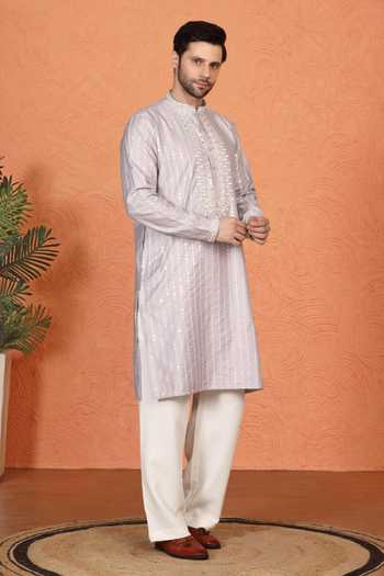 Buy_Aham-Vayam_Purple Silk, Cotton Mirror Embroidered Kurta Set _Online_at_Aza_Fashions