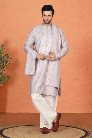 Shop_Aham-Vayam_Purple Silk, Cotton Mirror Embroidered Kurta Set _Online_at_Aza_Fashions