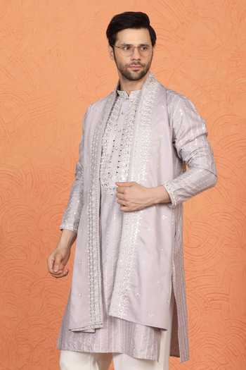 Aham-Vayam_Purple Silk, Cotton Mirror Embroidered Kurta Set _at_Aza_Fashions