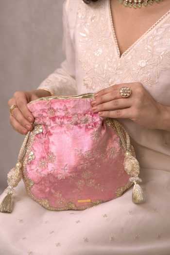 AMYRA_Pink Embroidery, Beads, Pearls, Zari, Tassels Suki Velvet Scallop Potli _Online_at_Aza_Fashions
