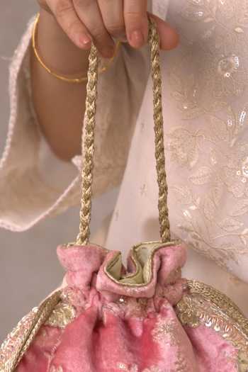 Shop_AMYRA_Pink Embroidery, Beads, Pearls, Zari, Tassels Suki Velvet Scallop Potli _at_Aza_Fashions