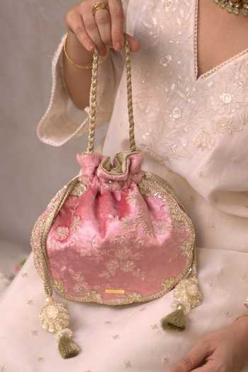 Buy_AMYRA_Pink Embroidery, Beads, Pearls, Zari, Tassels Suki Velvet Scallop Potli _at_Aza_Fashions