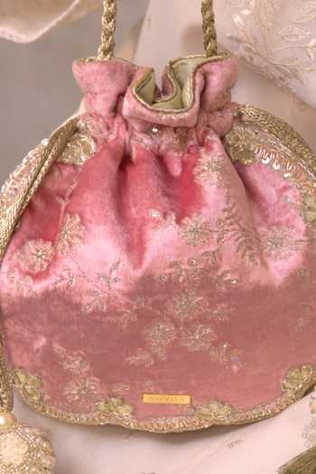 Buy_AMYRA_Pink Embroidery, Beads, Pearls, Zari, Tassels Suki Velvet Scallop Potli 