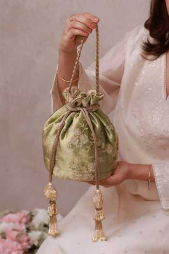 Shop_Amyra_Green Embroidery, Sequins, Beads, Pearls, Tassels Suki Velvet Potli _at_Aza_Fashions