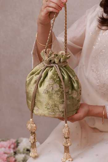 Buy_Amyra_Green Embroidery, Sequins, Beads, Pearls, Tassels Suki Velvet Potli _at_Aza_Fashions
