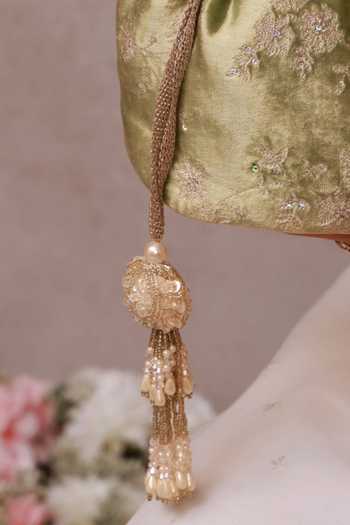 Buy_Amyra_Green Embroidery, Sequins, Beads, Pearls, Tassels Suki Velvet Potli _Online_at_Aza_Fashions