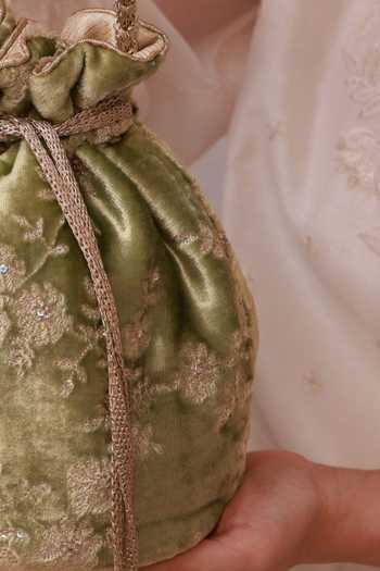 Amyra_Green Embroidery, Sequins, Beads, Pearls, Tassels Suki Velvet Potli _at_Aza_Fashions