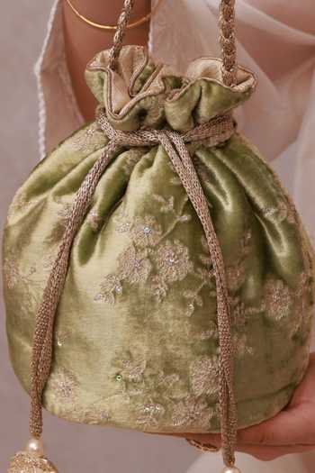 Buy_Amyra_Green Embroidery, Sequins, Beads, Pearls, Tassels Suki Velvet Potli 
