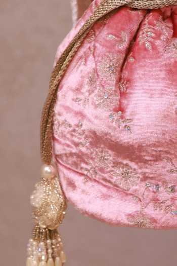 Shop_Amyra_Pink Embroidery, Sequins, Beads, Pearls, Tassels Suki Velvet Potli _at_Aza_Fashions