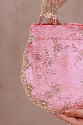 Buy_AMYRA_Pink Suki Velvet Scallop Embroidered Purse _Online_at_Aza_Fashions