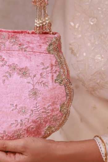 Shop_AMYRA_Pink Suki Velvet Scallop Embroidered Purse _at_Aza_Fashions