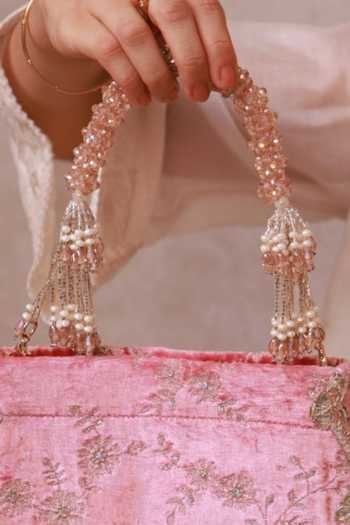 Shop_AMYRA_Pink Suki Velvet Scallop Embroidered Purse _Online_at_Aza_Fashions