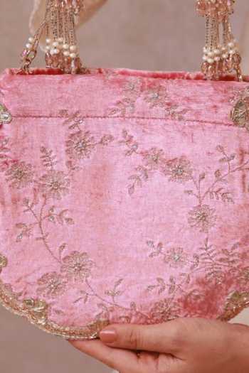 AMYRA_Pink Suki Velvet Scallop Embroidered Purse _at_Aza_Fashions