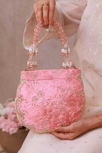 AMYRA_Pink Suki Velvet Scallop Embroidered Purse _Online_at_Aza_Fashions
