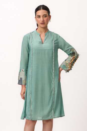 Buy_Ruchi Marodia_Green Muslin, Silk Split V-neck Shami Whisper Dress _at_Aza_Fashions