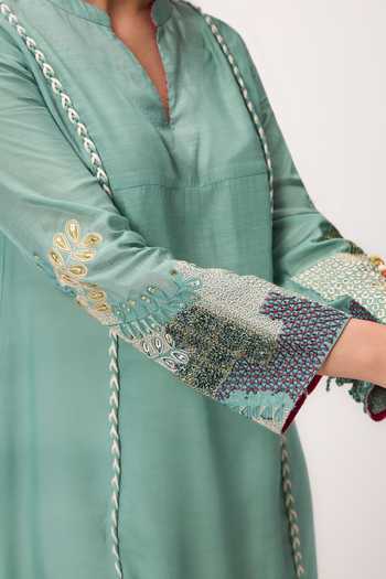 Ruchi Marodia_Green Muslin, Silk Split V-neck Shami Whisper Dress _at_Aza_Fashions