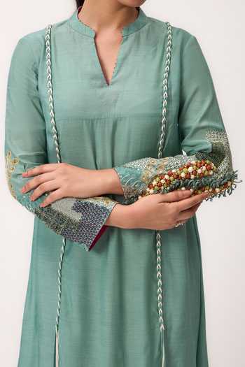 Buy_Ruchi Marodia_Green Muslin, Silk Split V-neck Shami Whisper Dress 