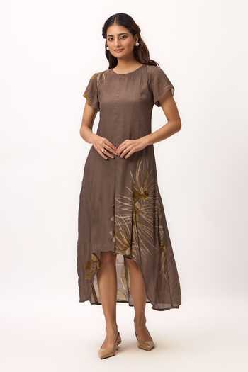 Buy_Ruchi Marodia_Brown Silk, Muslin Round Neck Watercolor Print Dress _at_Aza_Fashions